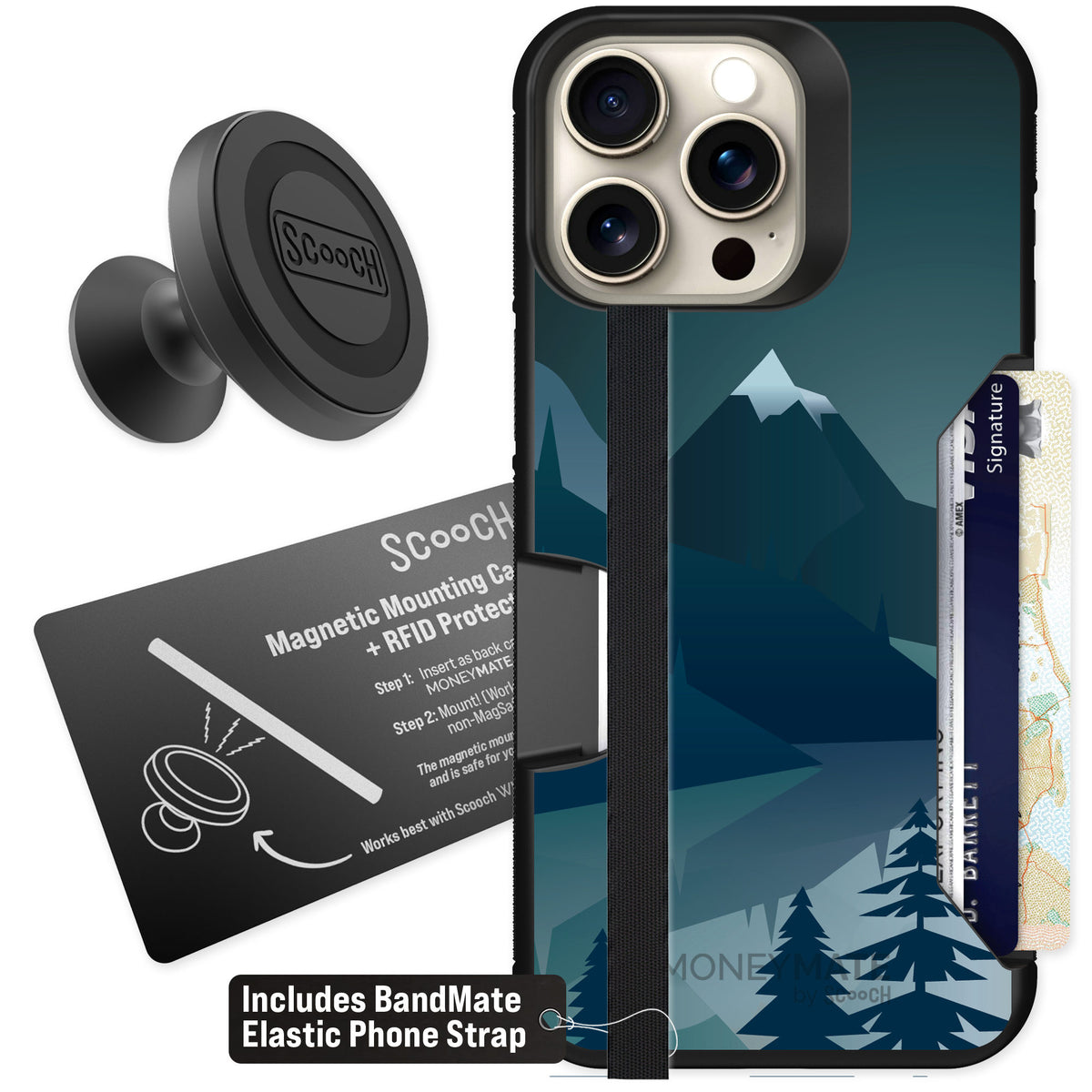 Scooch Moneymate Midnight Ridge for iPhone 15 Pro Max — Starter Bundle