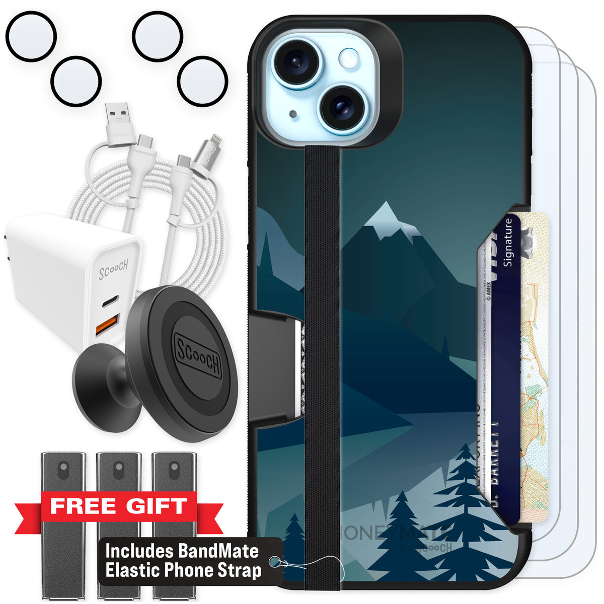 Scooch Moneymate Midnight Ridge for iPhone 14 Plus — Ultimate Bundle