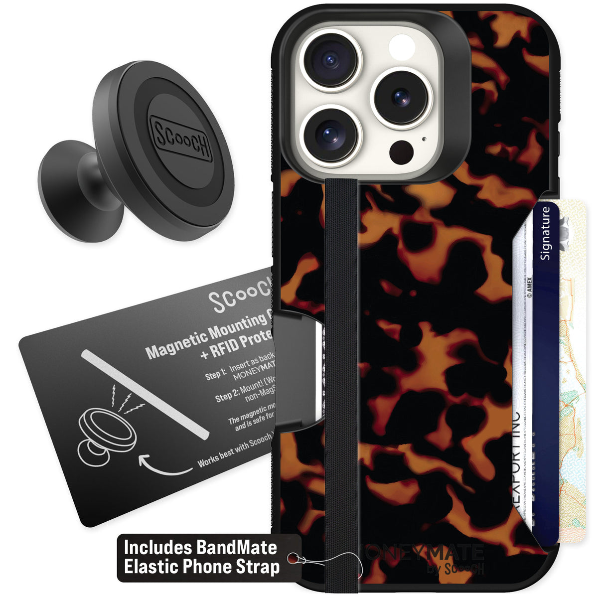 Scooch Moneymate Tortoise Shell for iPhone 16 Pro — Starter Bundle