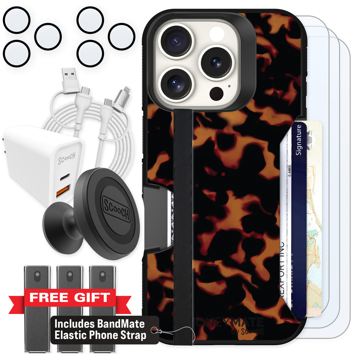 Scooch Moneymate Tortoise Shell for iPhone 16 Pro — Ultimate Bundle