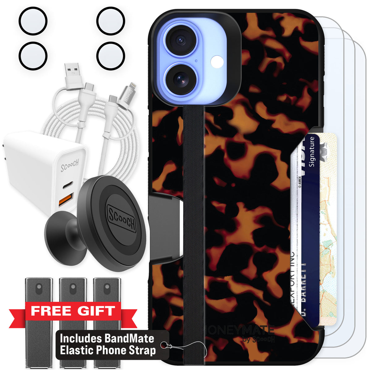 Scooch Moneymate Tortoise Shell for iPhone 16 Plus — Ultimate Bundle