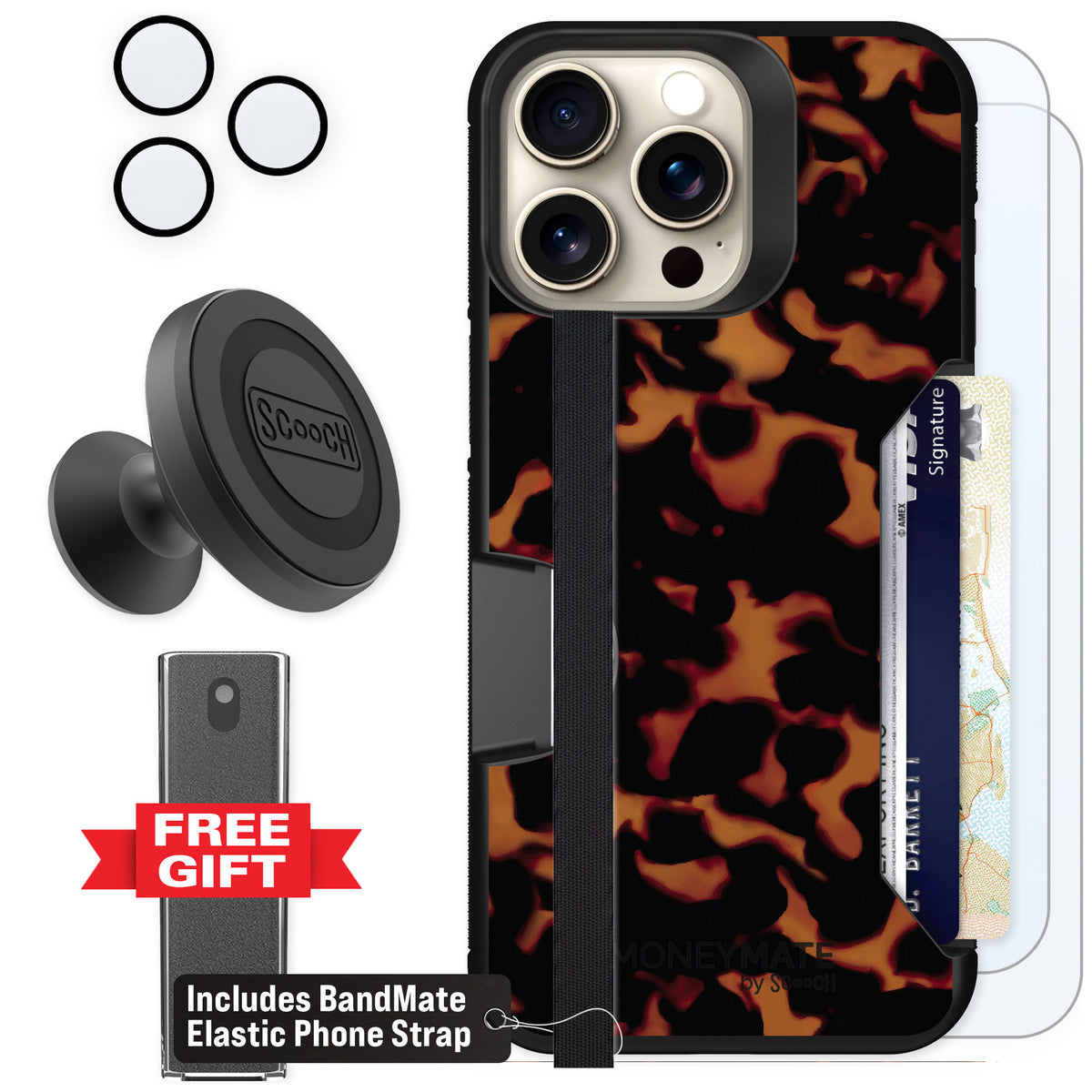 Scooch Moneymate Tortoise Shell for iPhone 15 Pro Max — Defender Bundle