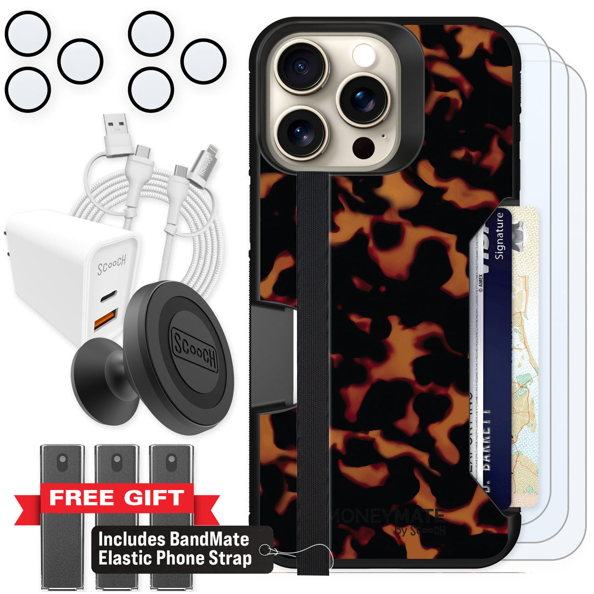 Scooch Moneymate Tortoise Shell for iPhone 15 Pro Max — Ultimate Bundle