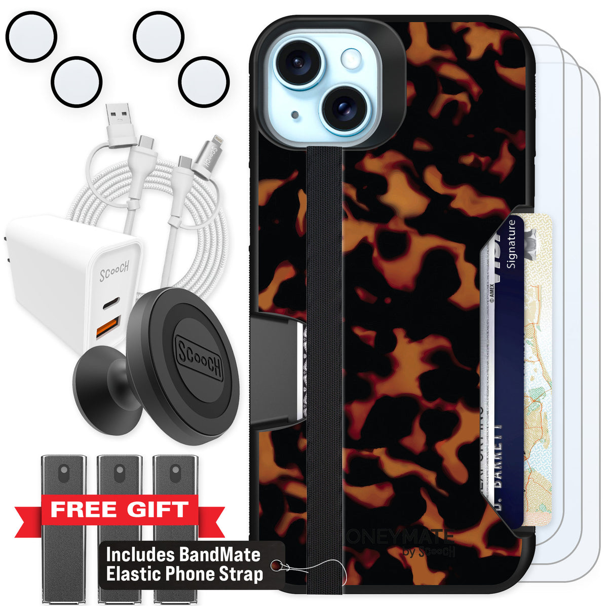 Scooch Moneymate Tortoise Shell for iPhone 15 Plus — Ultimate Bundle