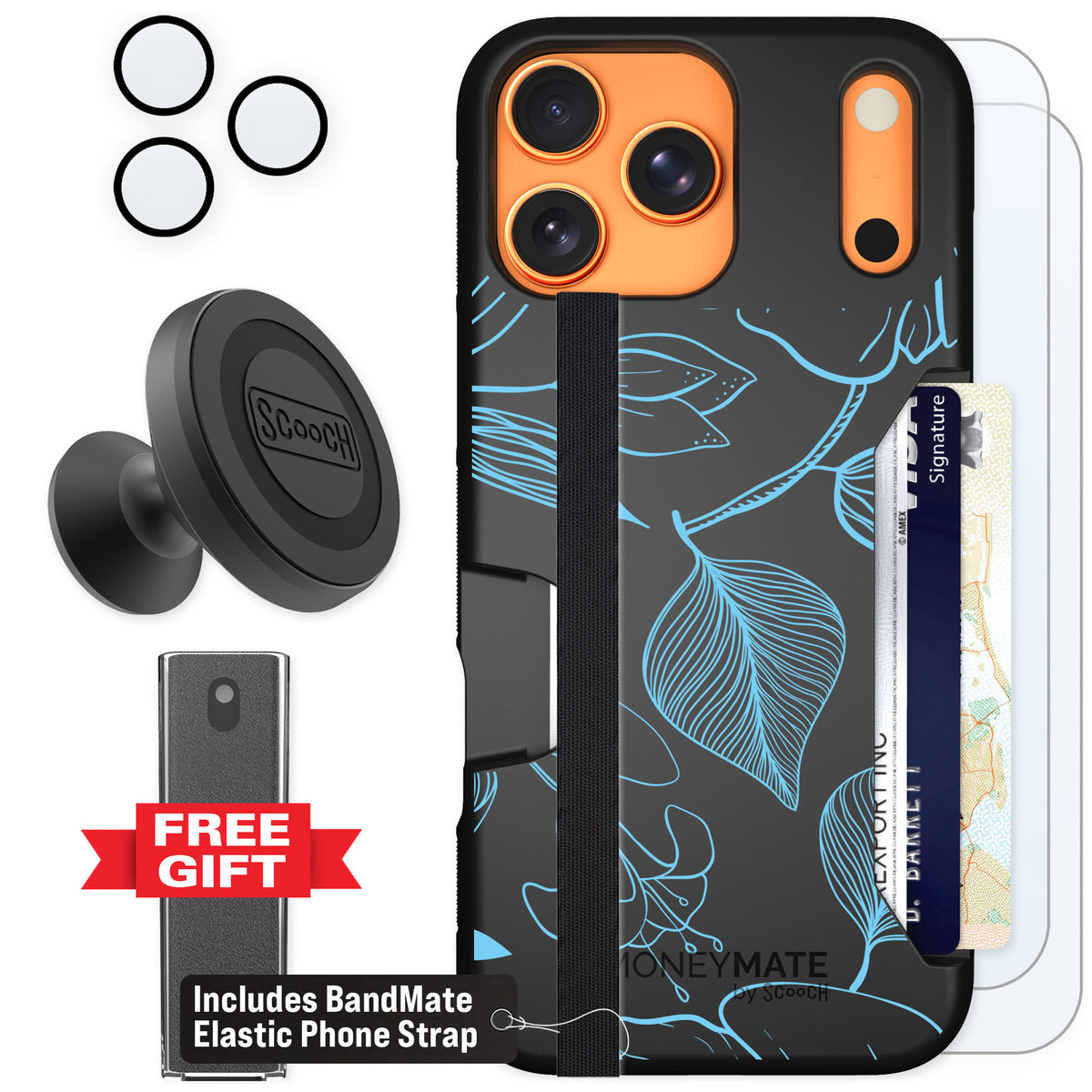 Scooch Moneymate Blue Hibiscus for iPhone 17 Pro Max — Defender Bundle