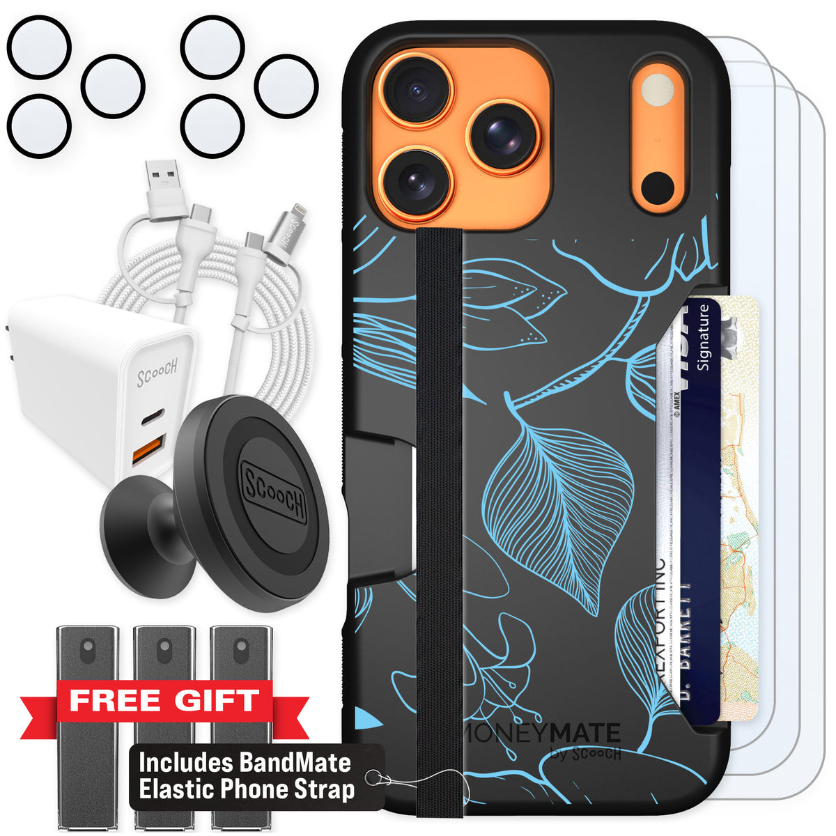 Scooch Moneymate Blue Hibiscus for iPhone 17 Pro Max — Ultimate Bundle