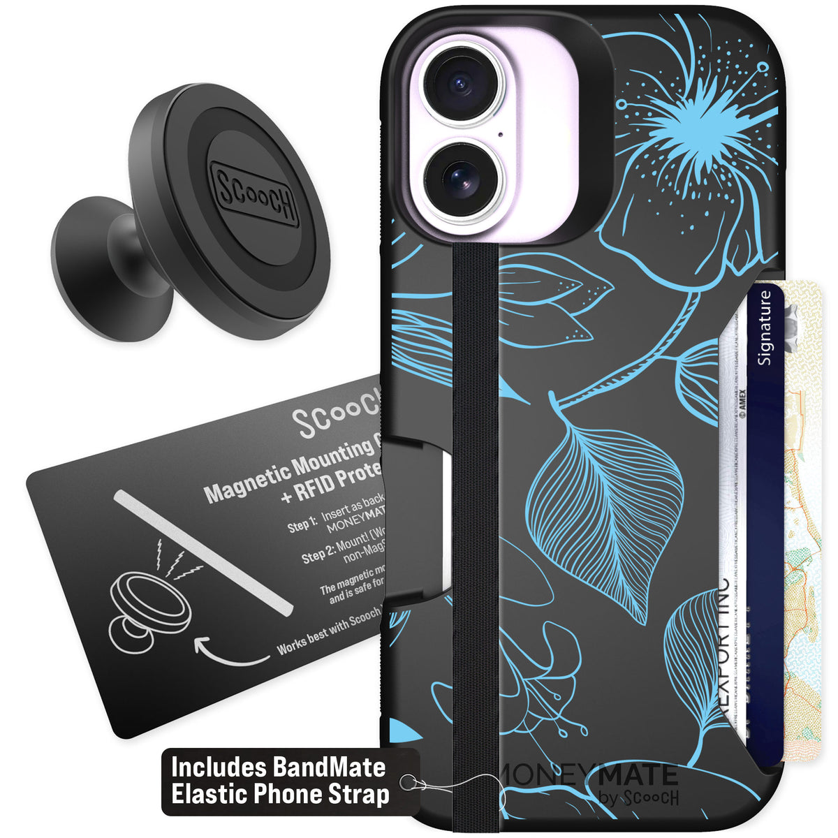 Scooch Moneymate Blue Hibiscus for iPhone 17 — Starter Bundle