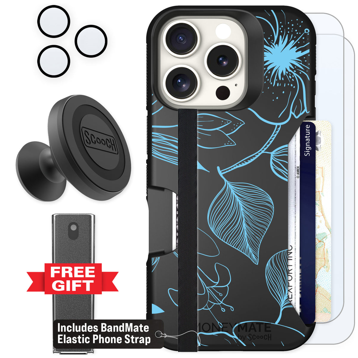 Scooch Moneymate Blue Hibiscus for iPhone 16 Pro — Defender Bundle