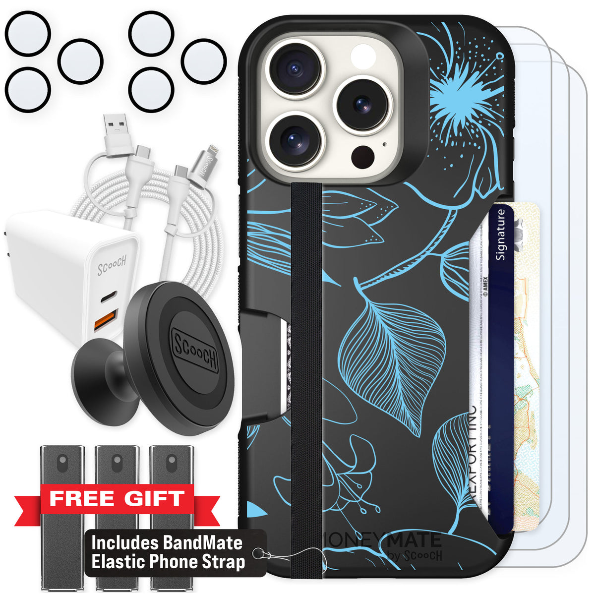 Scooch Moneymate Blue Hibiscus for iPhone 16 Pro — Ultimate Bundle