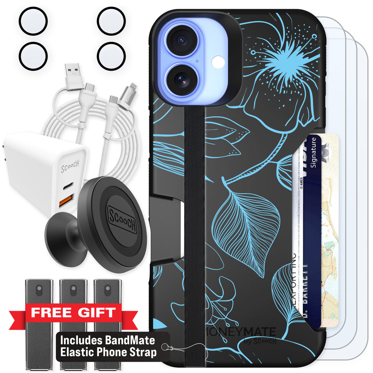 Scooch Moneymate Blue Hibiscus for iPhone 16 Plus — Ultimate Bundle