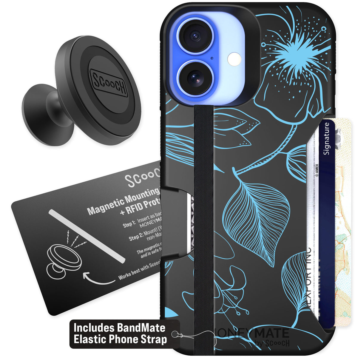 Scooch Moneymate Blue Hibiscus for iPhone 16 — Starter Bundle