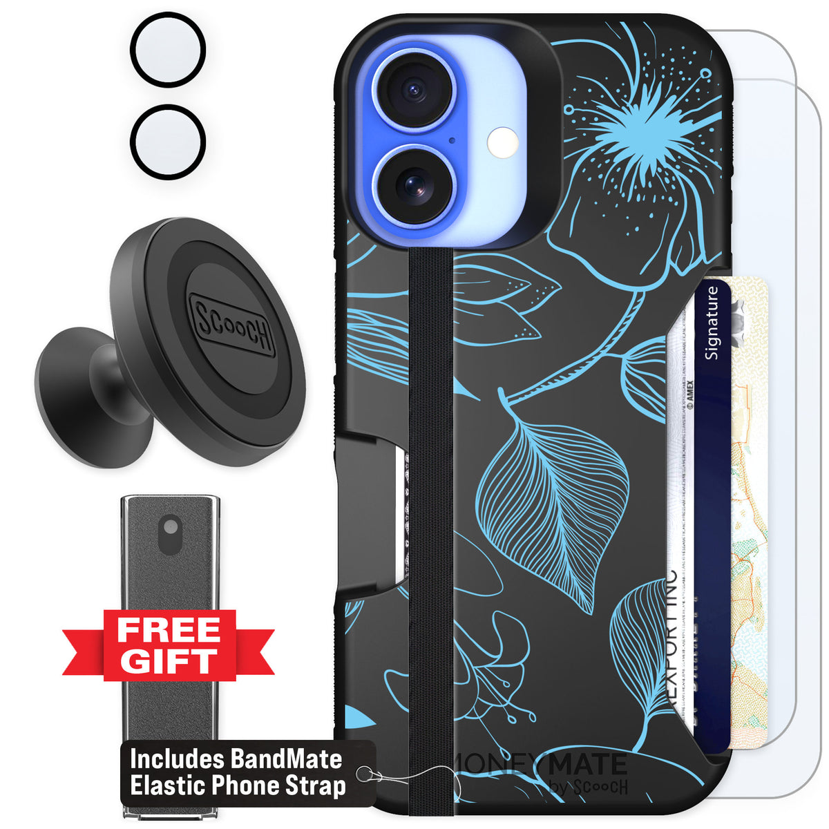 Scooch Moneymate Blue Hibiscus for iPhone 16 — Defender Bundle