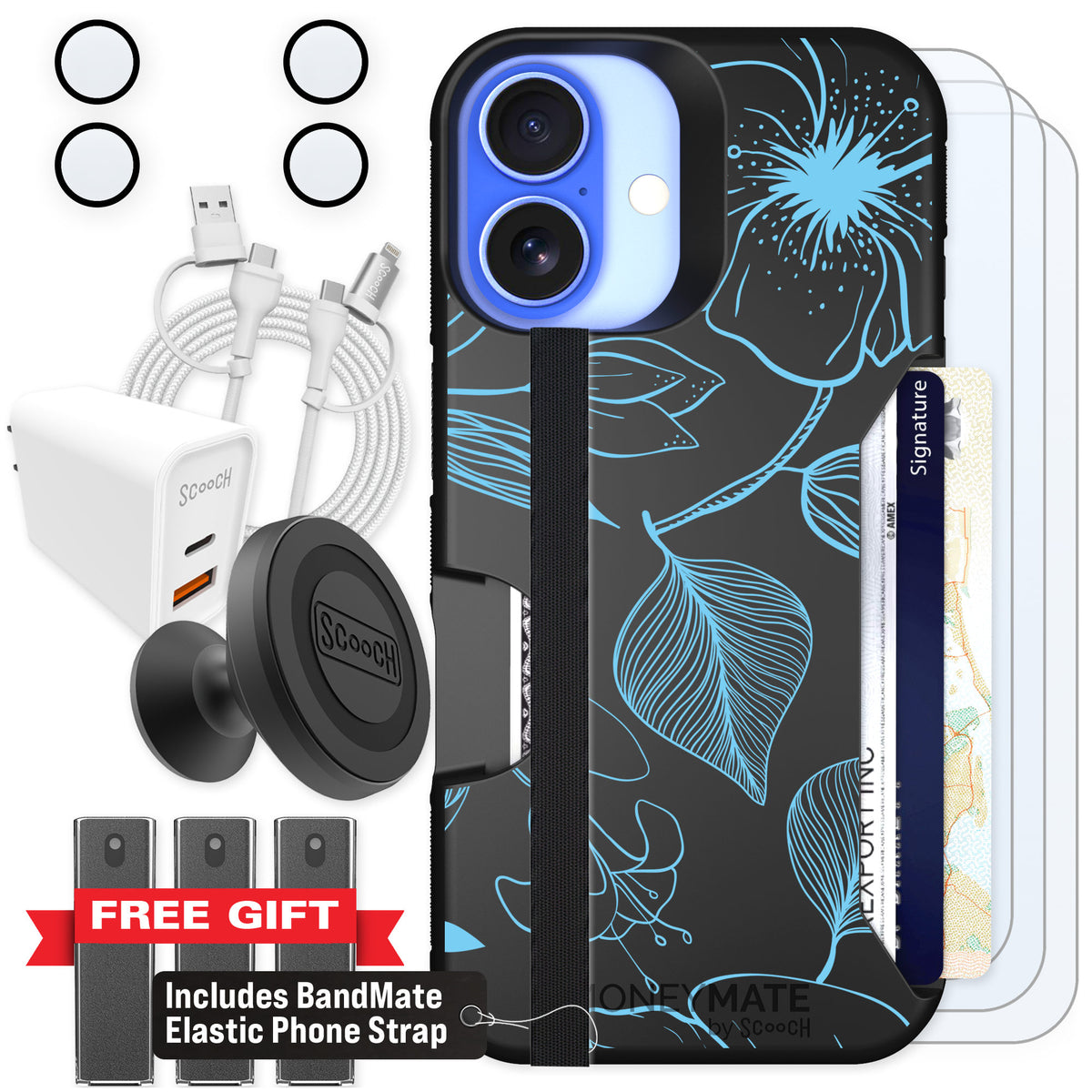Scooch Moneymate Blue Hibiscus for iPhone 16 — Ultimate Bundle