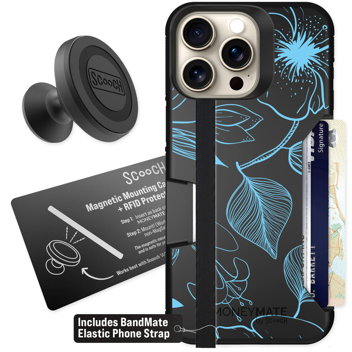 Scooch Moneymate Blue Hibiscus for iPhone 15 Pro Max — Starter Bundle