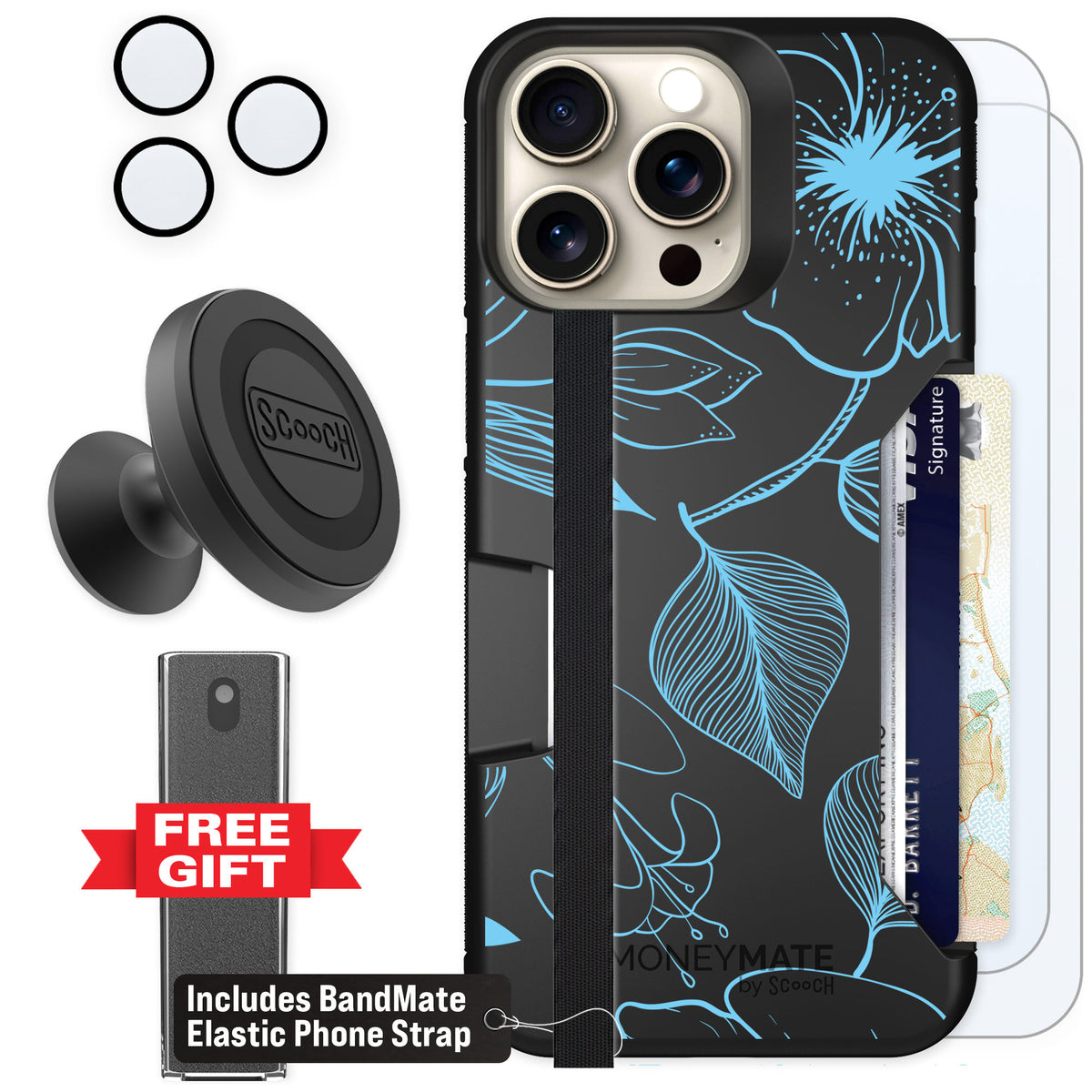 Scooch Moneymate Blue Hibiscus for iPhone 15 Pro Max — Defender Bundle