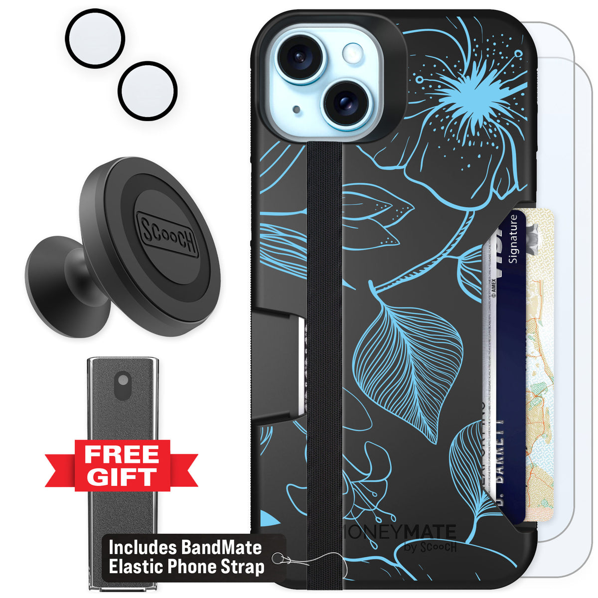 Scooch Moneymate Blue Hibiscus for iPhone 15 Plus — Defender Bundle