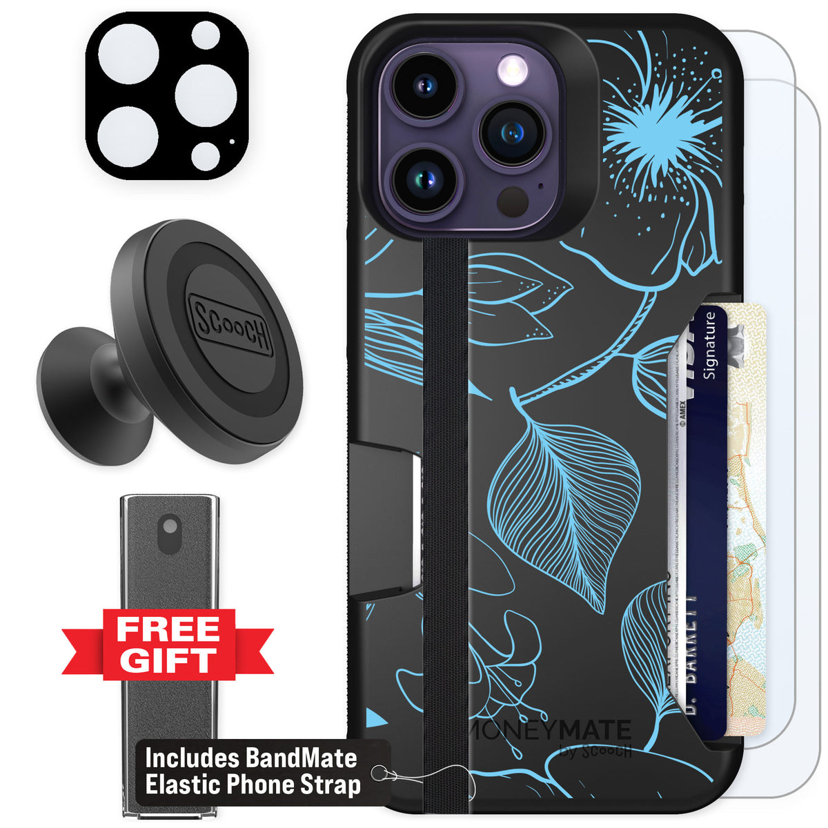 Scooch Moneymate Blue Hibiscus for iPhone 14 Pro Max — Defender Bundle
