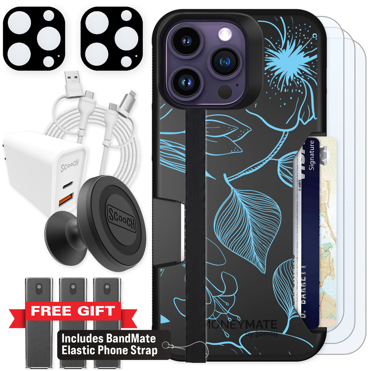 Scooch Moneymate Blue Hibiscus for iPhone 14 Pro Max — Ultimate Bundle