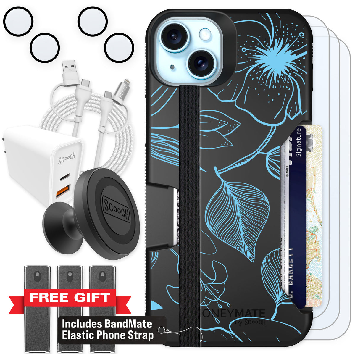 Scooch Moneymate Blue Hibiscus for iPhone 14 Plus — Ultimate Bundle