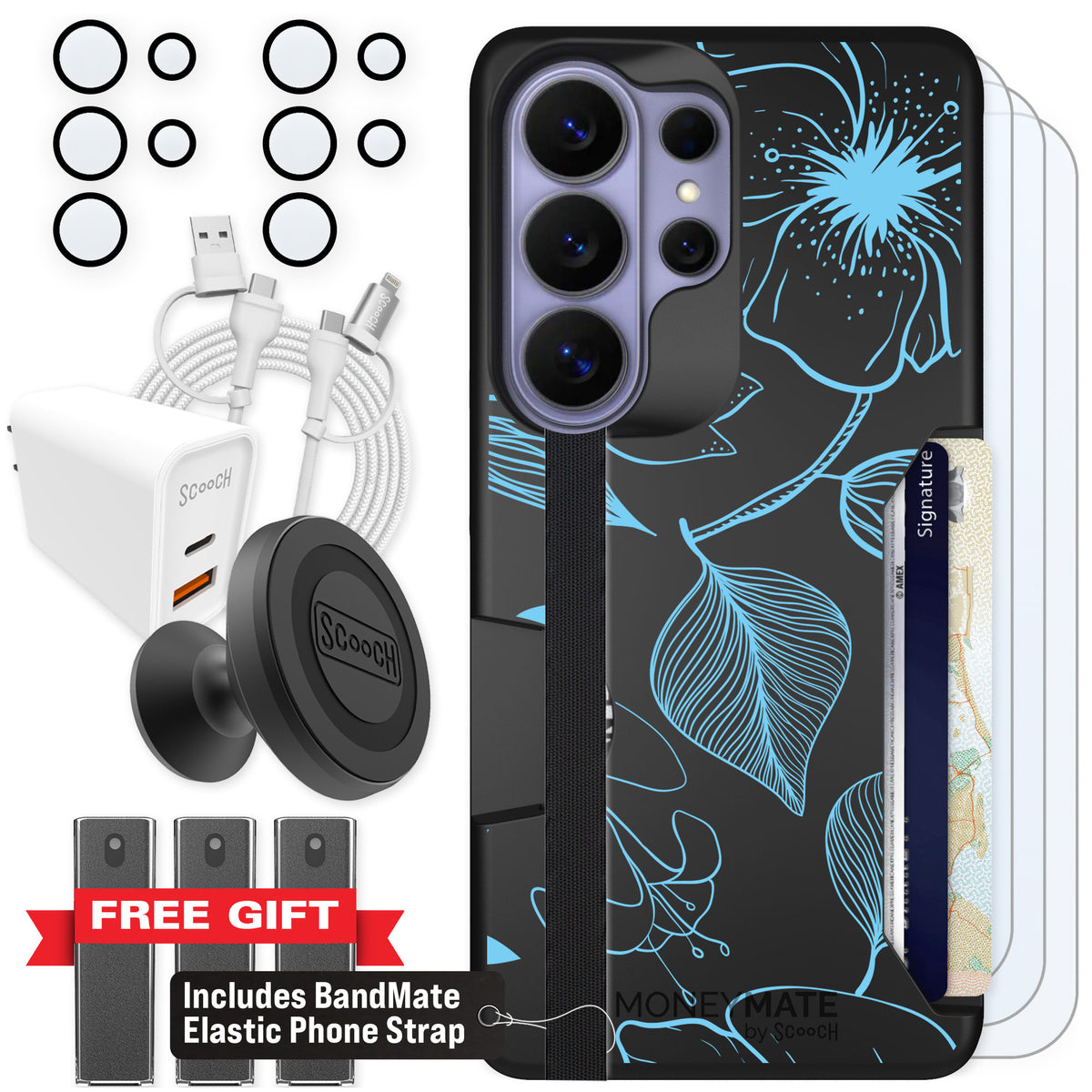 Scooch Moneymate Blue Hibiscus for Galaxy S26 Ultra — Ultimate Bundle