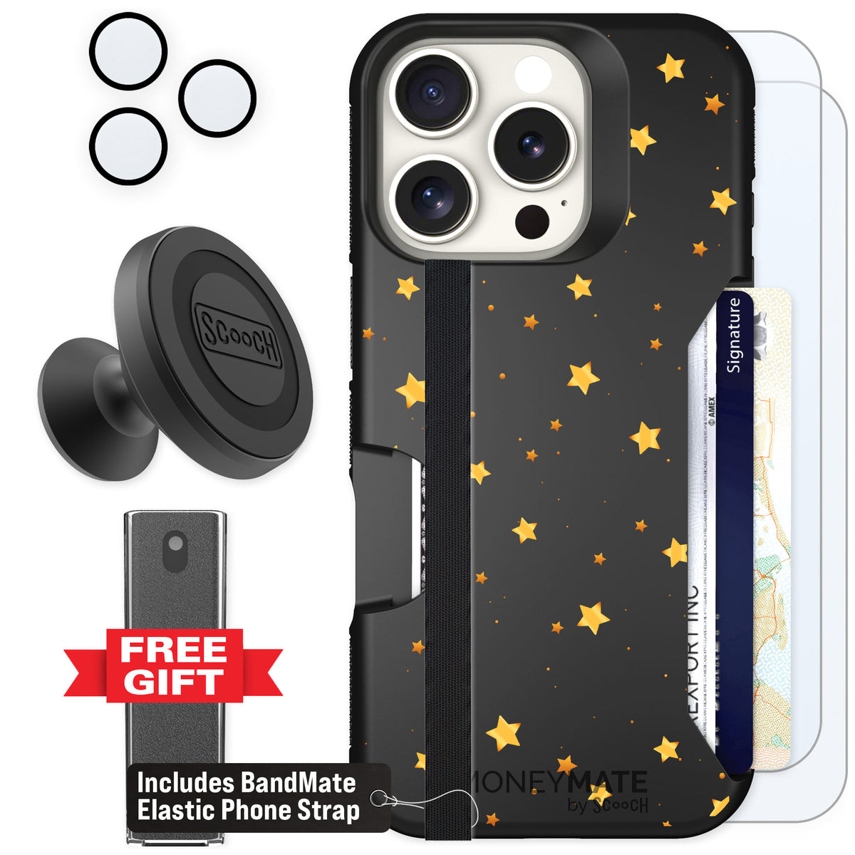 Scooch Moneymate Gold Stars for iPhone 16 Pro — Defender Bundle