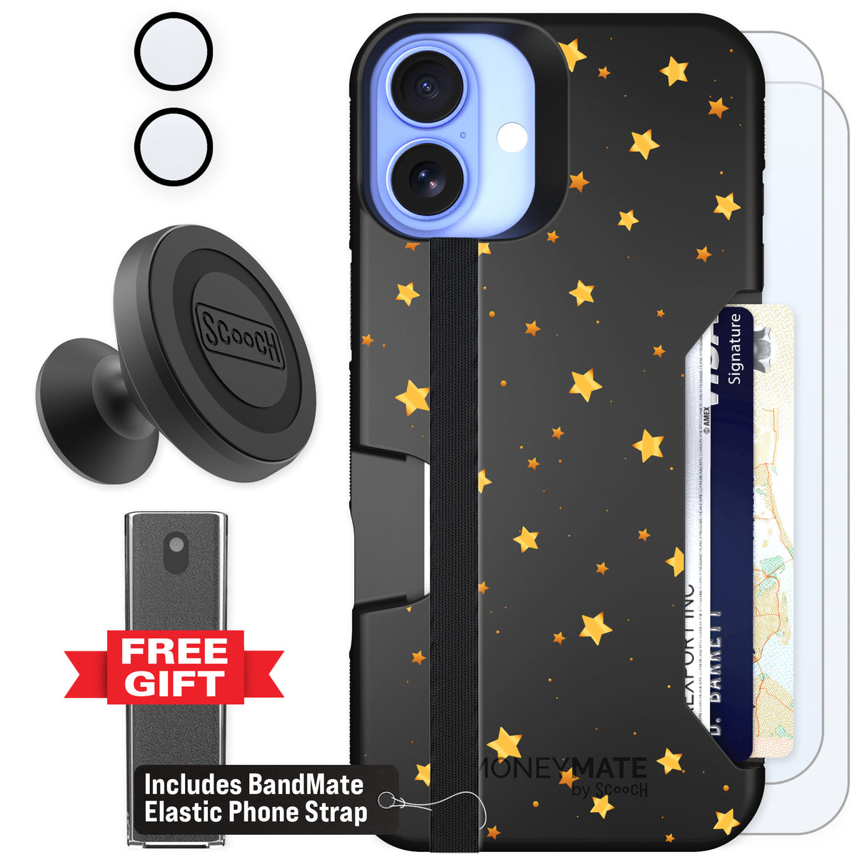Scooch Moneymate Gold Stars for iPhone 16 Plus — Defender Bundle