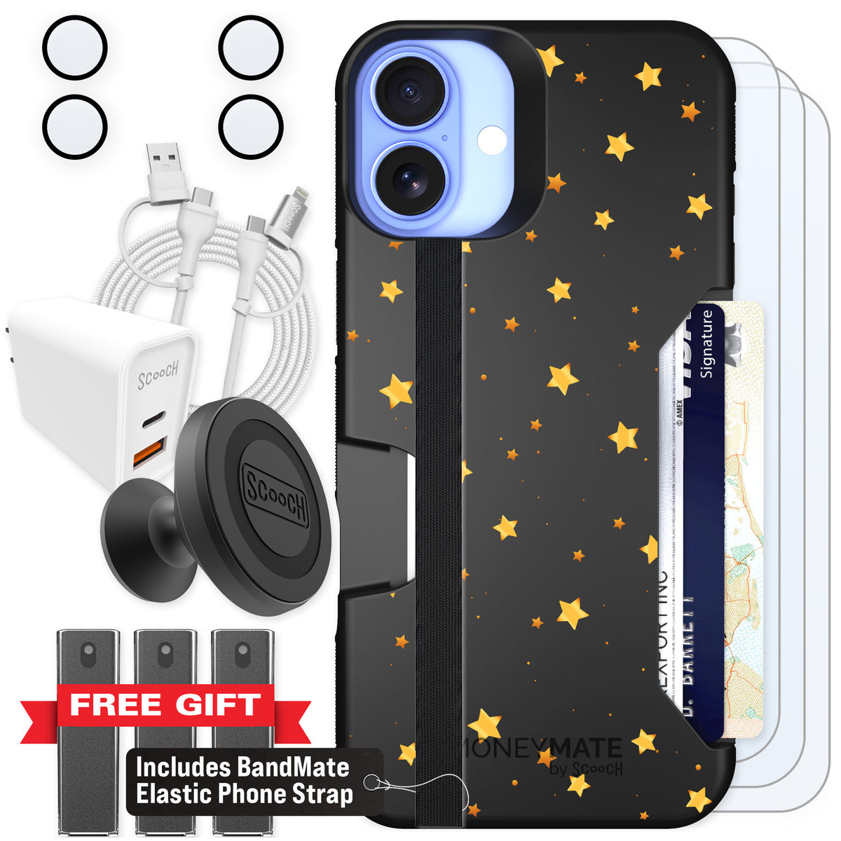Scooch Moneymate Gold Stars for iPhone 16 Plus — Ultimate Bundle