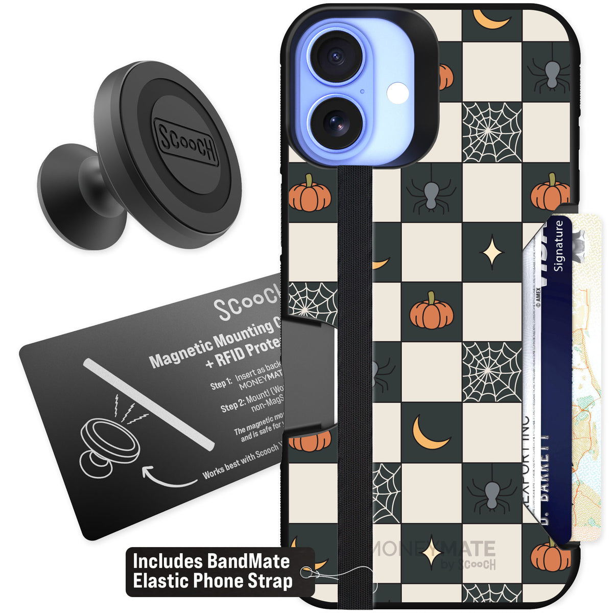 Scooch Moneymate Spooky Squares for iPhone 16 Plus — Starter Bundle