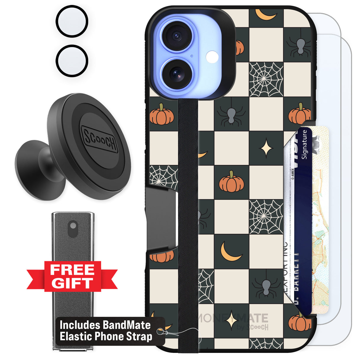 Scooch Moneymate Spooky Squares for iPhone 16 Plus — Defender Bundle