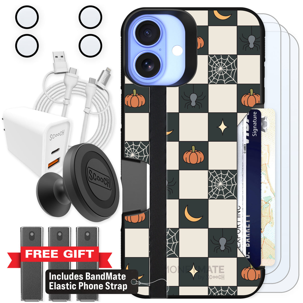 Scooch Moneymate Spooky Squares for iPhone 16 Plus — Ultimate Bundle