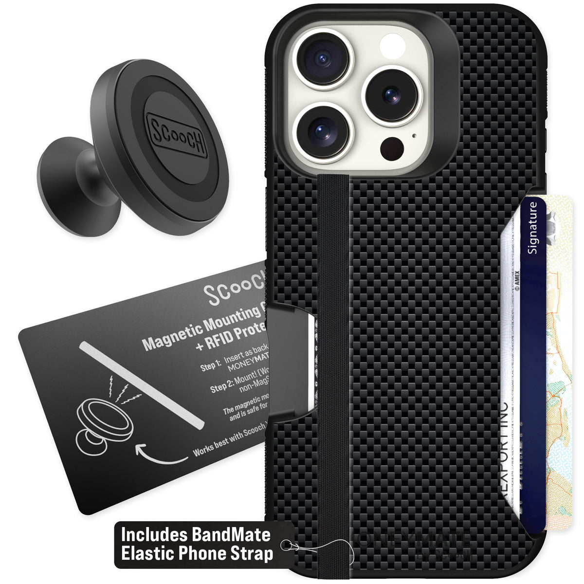 Scooch Moneymate Carbon Fiber for iPhone 16 Pro — Starter Bundle