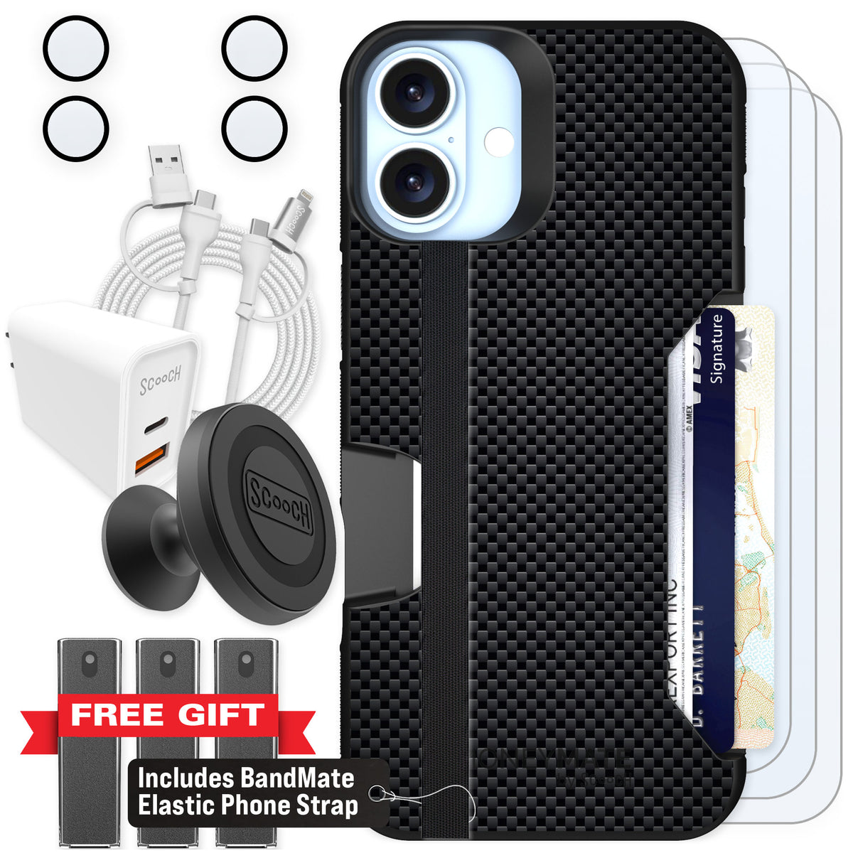 Scooch Moneymate Carbon Fiber for iPhone 16 Plus — Ultimate Bundle