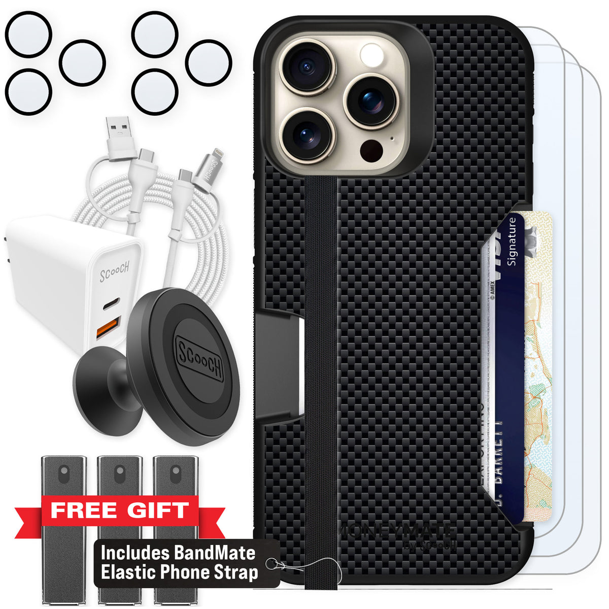 Scooch Moneymate Carbon Fiber for iPhone 15 Pro Max — Ultimate Bundle