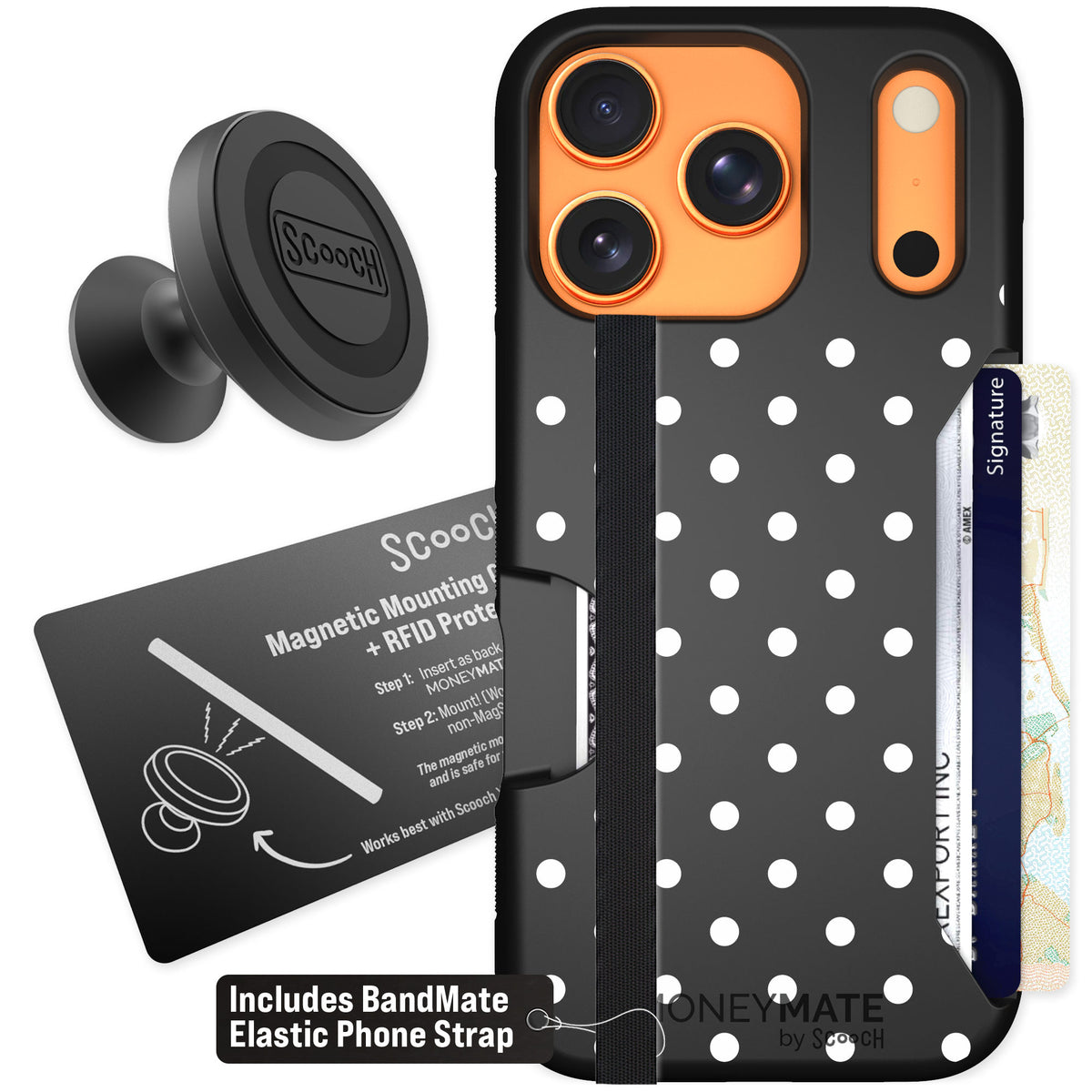 Scooch Moneymate Polka Dots for iPhone 17 Pro — Starter Bundle