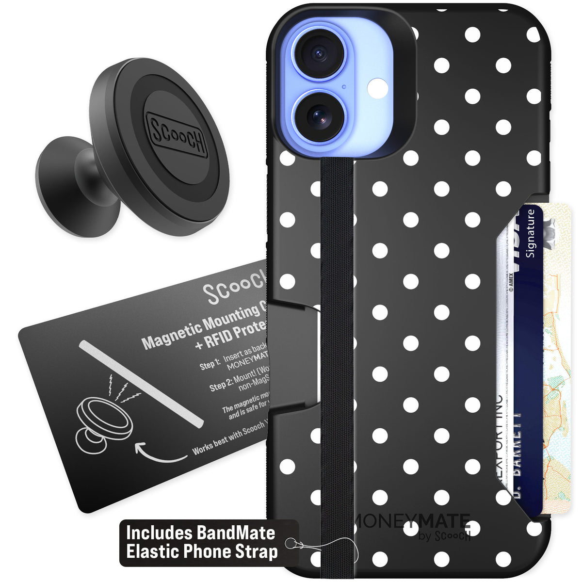 Scooch Moneymate Polka Dots for iPhone 16 Plus — Starter Bundle