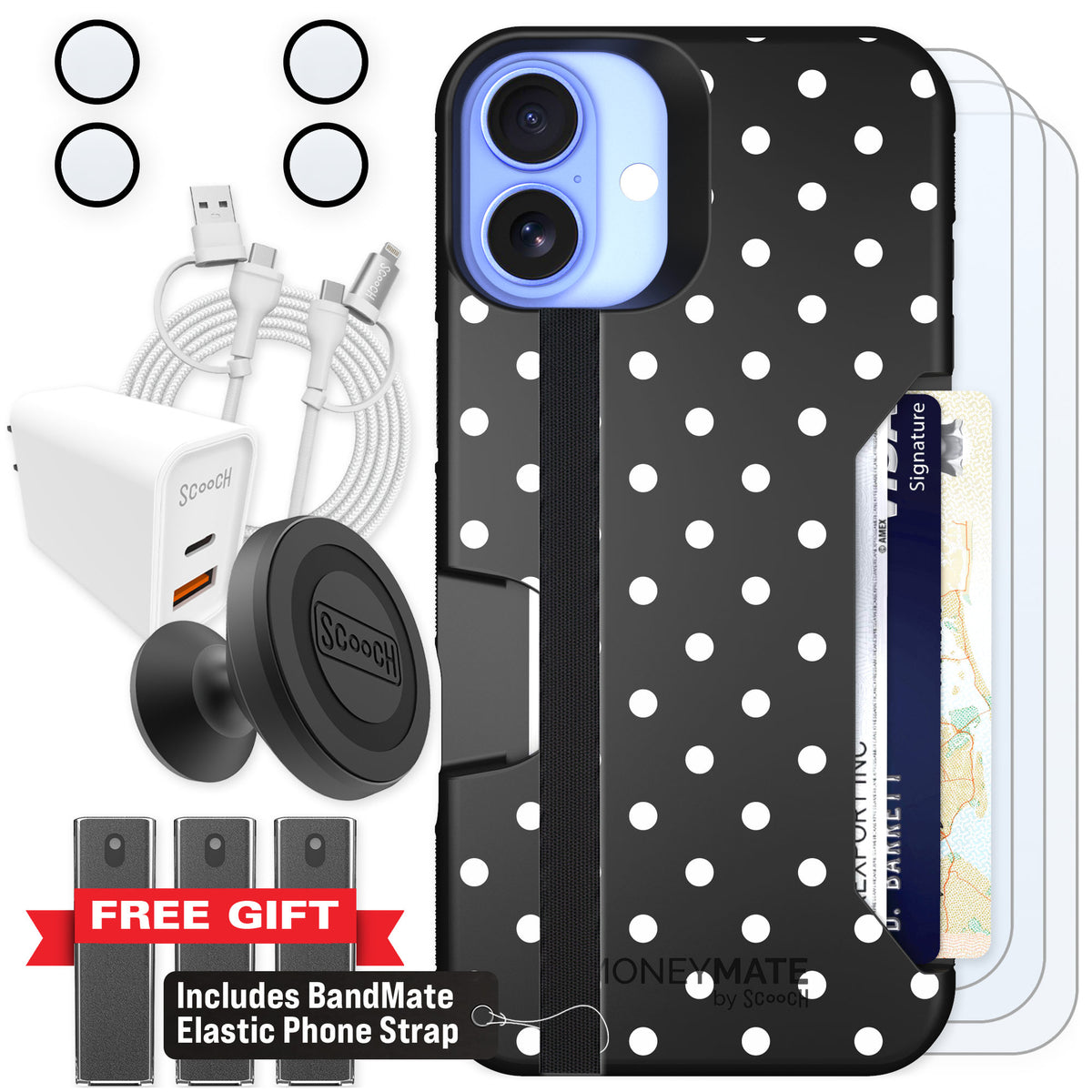 Scooch Moneymate Polka Dots for iPhone 16 Plus — Ultimate Bundle