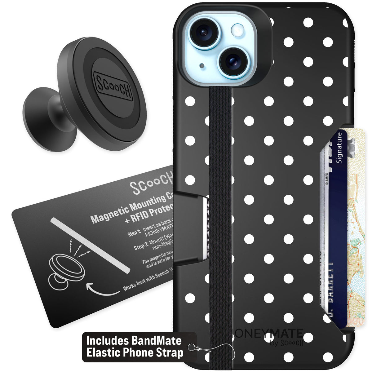 Scooch Moneymate Polka Dots for iPhone 15 Plus — Starter Bundle