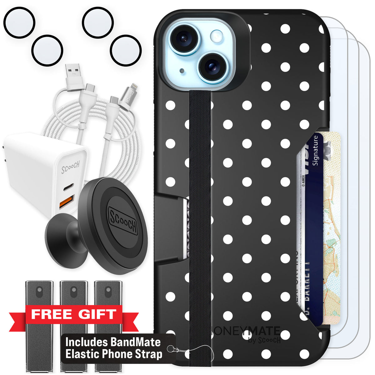 Scooch Moneymate Polka Dots for iPhone 15 Plus — Ultimate Bundle