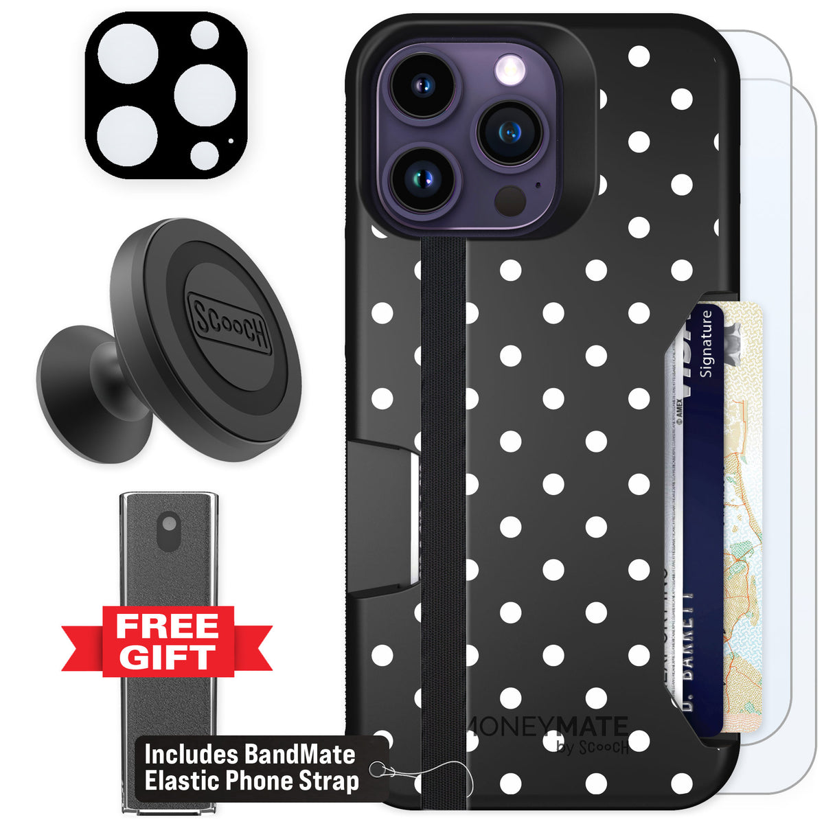 Scooch Moneymate Polka Dots for iPhone 14 Pro Max — Defender Bundle