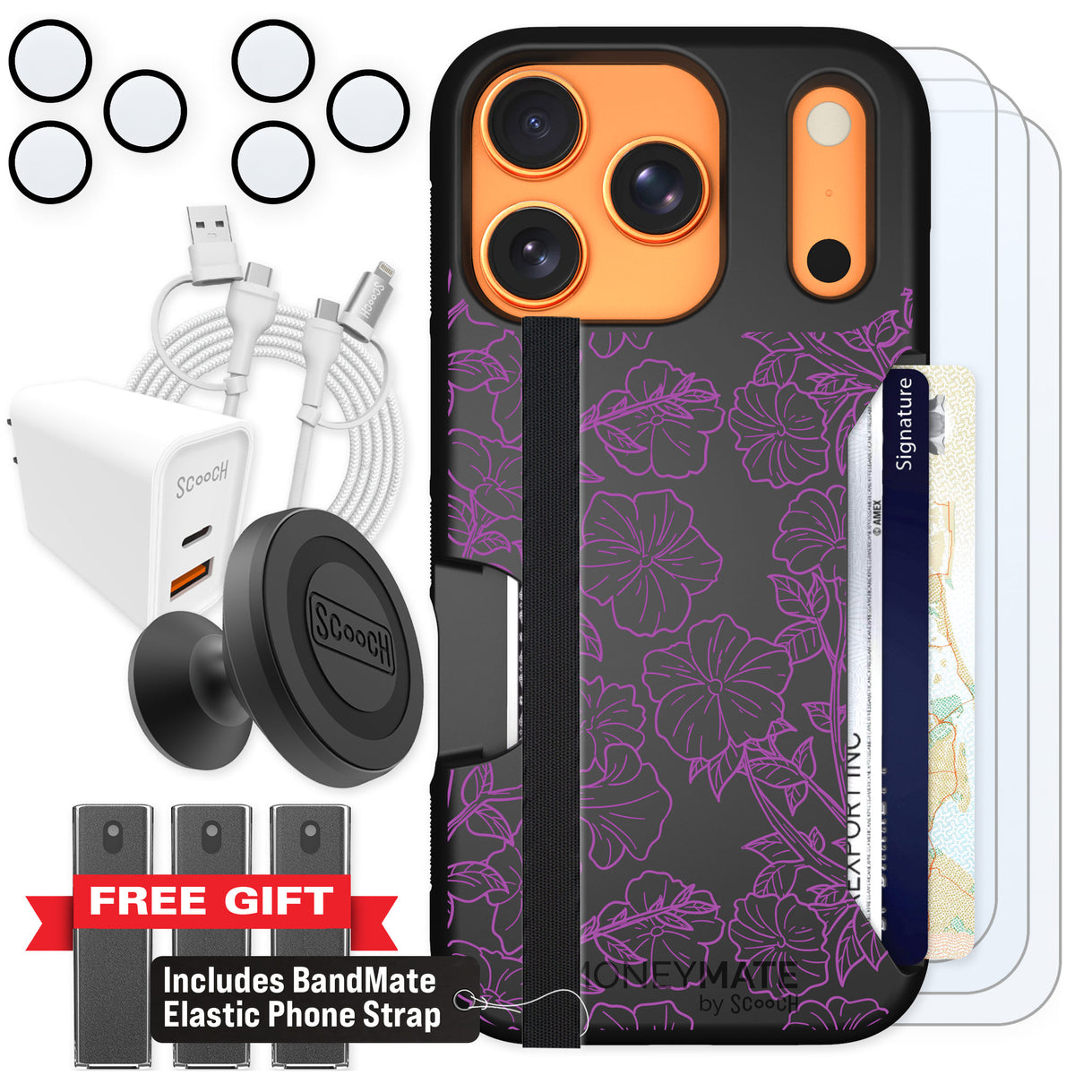Scooch Moneymate Purple Petunias for iPhone 17 Pro — Ultimate Bundle