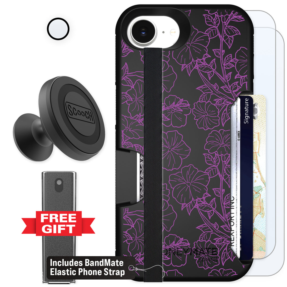 Scooch Moneymate Purple Petunias for iPhone 17e — Defender Bundle