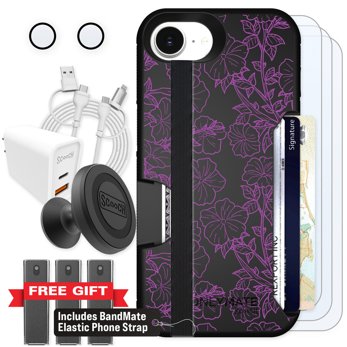 Scooch Moneymate Purple Petunias for iPhone 17e — Ultimate Bundle