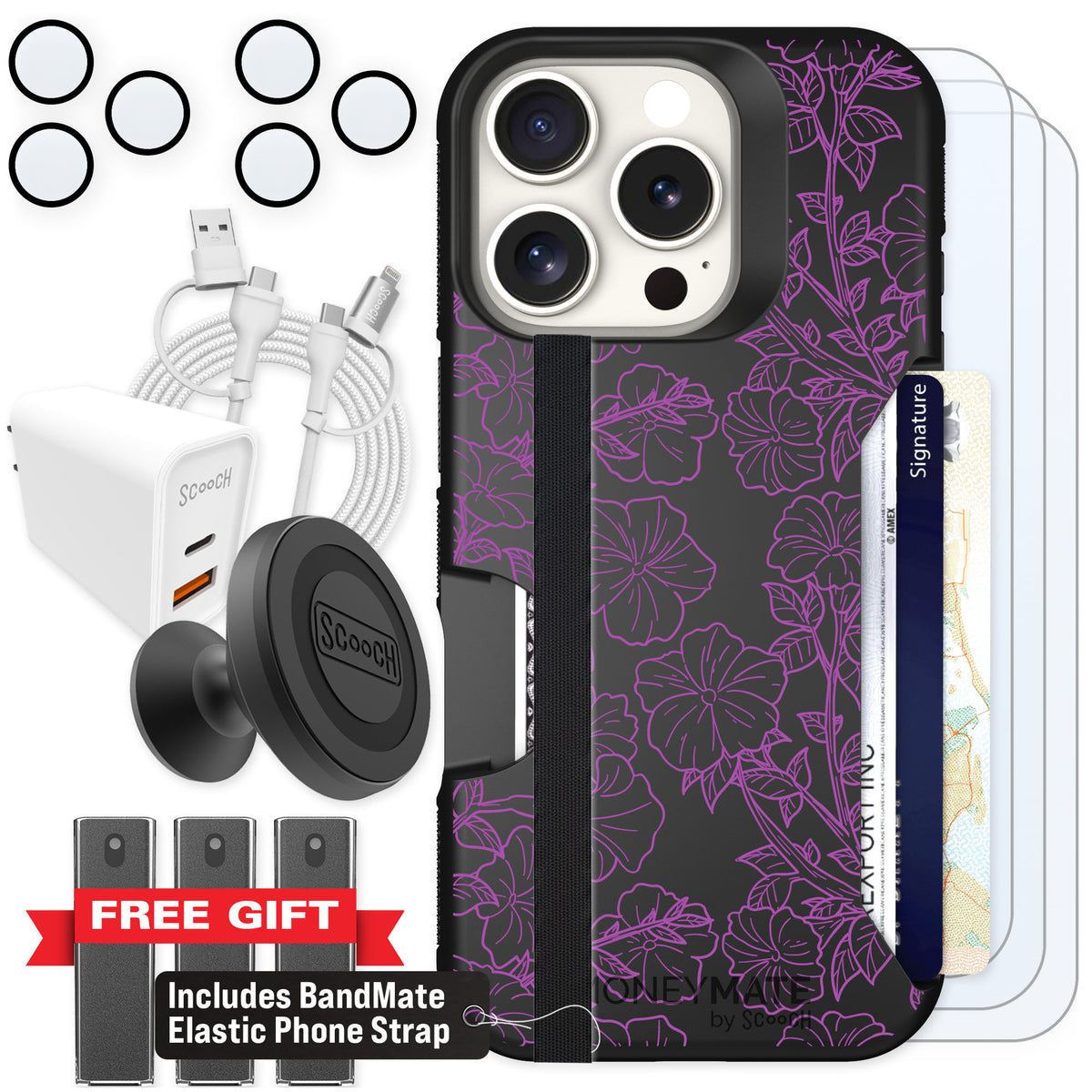 Scooch Moneymate Purple Petunias for iPhone 16 Pro — Ultimate Bundle