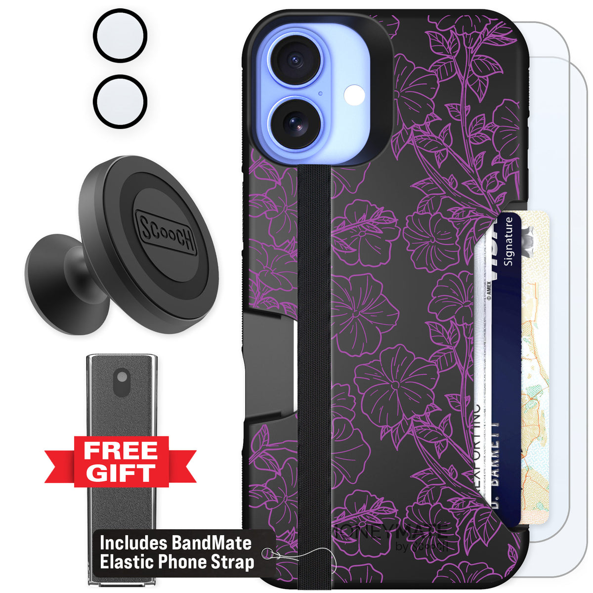 Scooch Moneymate Purple Petunias for iPhone 16 Plus — Defender Bundle