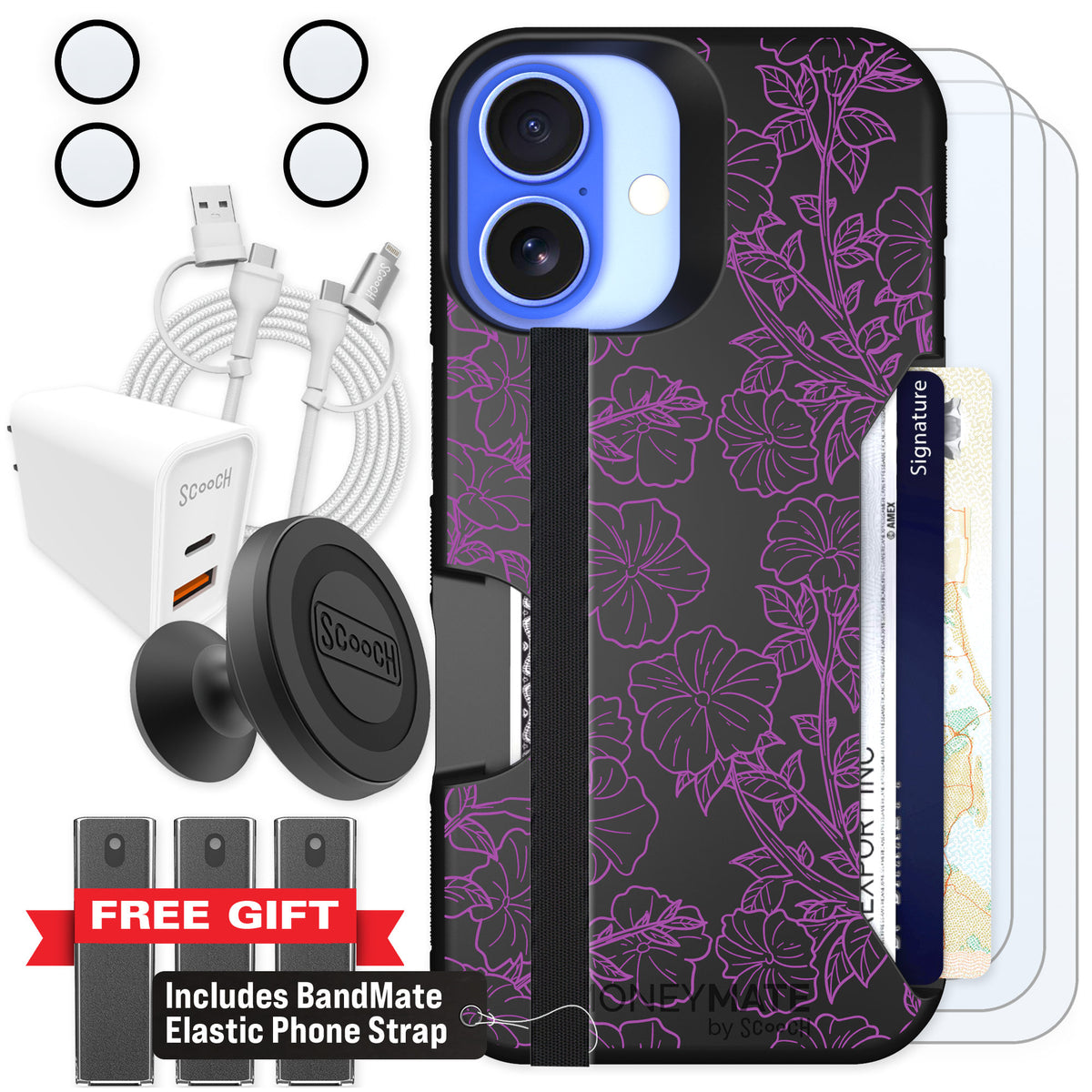 Scooch Moneymate Purple Petunias for iPhone 16 — Ultimate Bundle