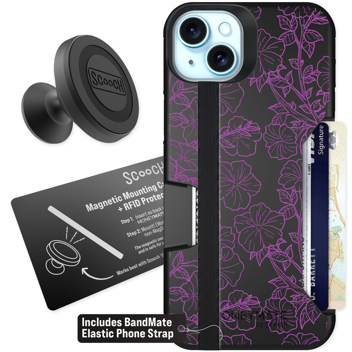 Scooch Moneymate Purple Petunias for iPhone 15 Plus — Starter Bundle