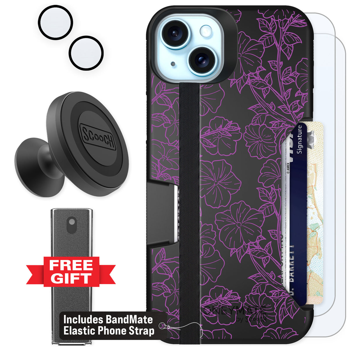Scooch Moneymate Purple Petunias for iPhone 15 Plus — Defender Bundle