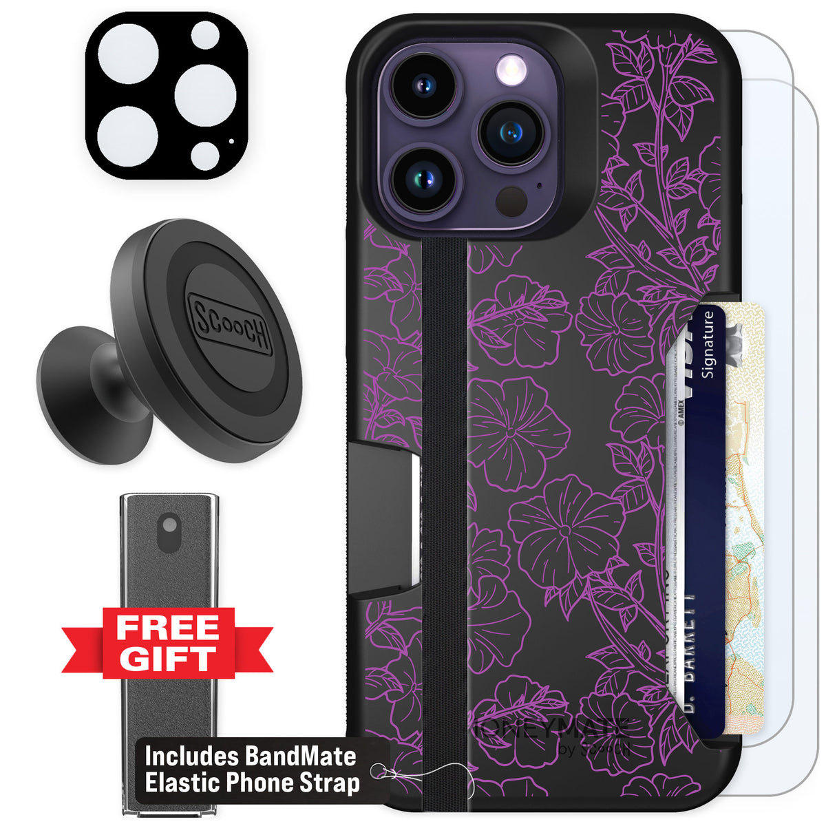 Scooch Moneymate Purple Petunias for iPhone 14 Pro Max — Defender Bundle
