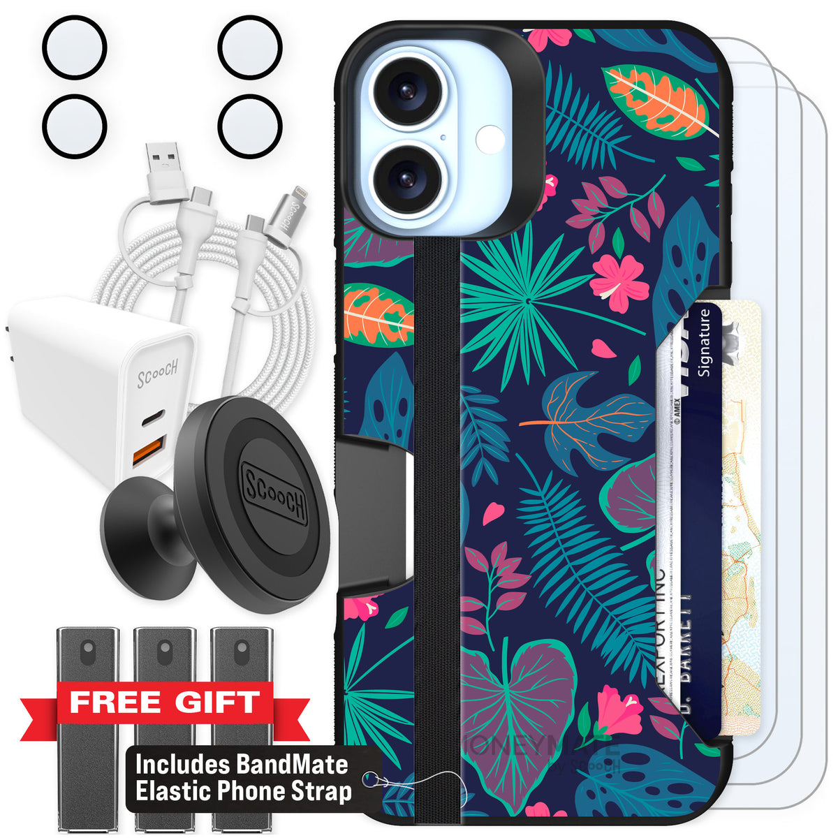 Scooch Moneymate Tropical Leaves for iPhone 16 Plus — Ultimate Bundle