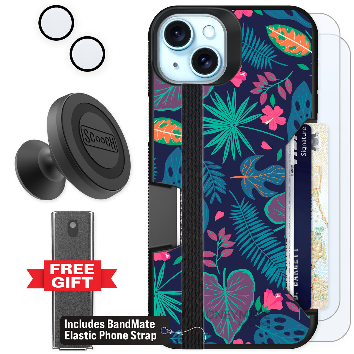 Scooch Moneymate Tropical Leaves for iPhone 14 Plus — Defender Bundle